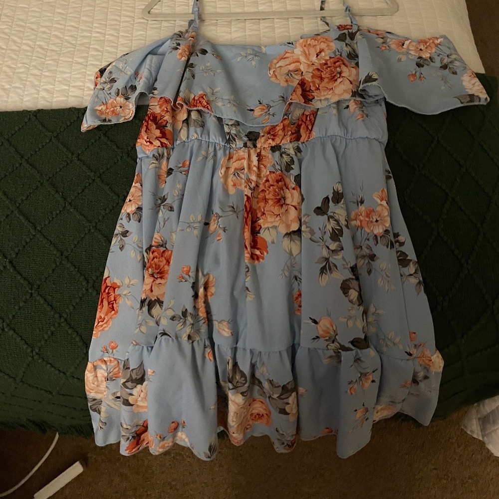 Blue and pink cold shoulder flower dress